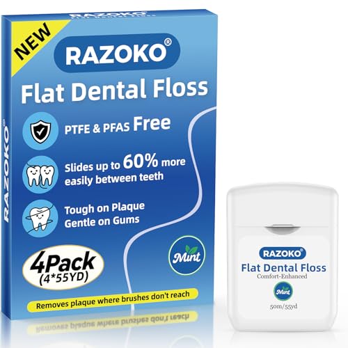 RAZOKO Flat Dental Floss PFAS & PTFE Free Shred Resistant Kid-Friendly Gentle on Gums Ultra-Smooth for Deep Cleaning Mint 4 Spools (220 Yd Total)