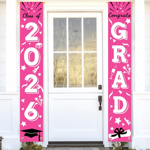 Image of Graduation Porch Banner Class Sign Congrats Grad Hanging Flags High School College University Party Decoration For Front Door Outdoor Deep Pink