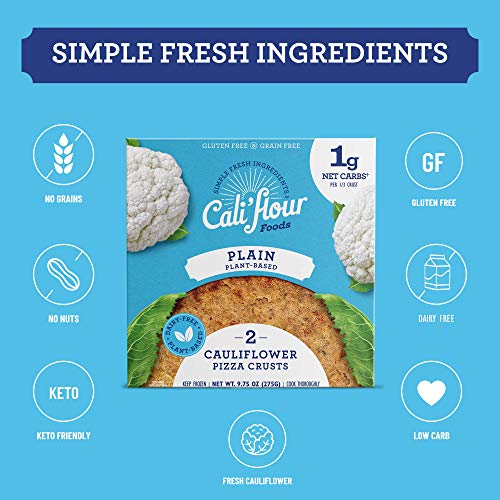 Cali\'flour Foods Plant-Based Pizza Crust (Plain, 2 Boxes, 4 Crusts) - Fresh Cauliflower Base | Vegan, Low Carb, High Protein, Gluten and Grain Free | Paleo Friendly
