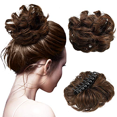 Claw Clip in Hair Bun, Hairpiece Curly Bun Light Brown Short Messy Curly Dish Hair Bun Wavy Curly Claw Clip Hair Pieces Hair Extensions for Women Girls