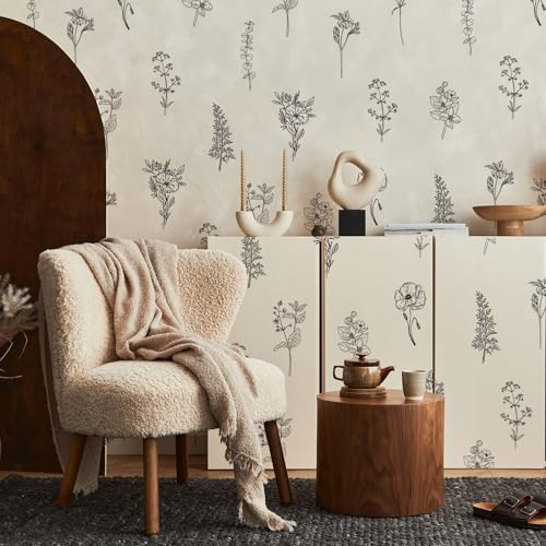 FYSUIMU 12 Sheets Wildflower Wall Decals Retro Boho Black Floral Botanical Wall Stickers Vintage Aesthetic Mural Wall Art Decor for Spring Home Nursery Living Room Bedroom