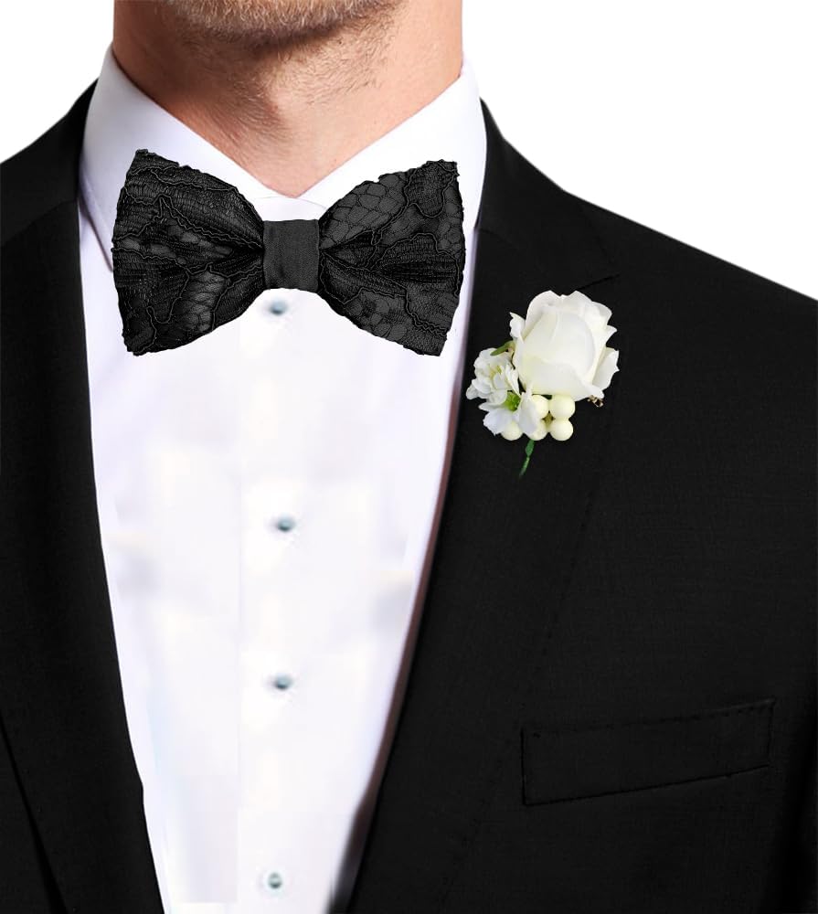 Made in Italy Men's Lace Pre Tied Bow Tie for Wing Collar Shirt, Adjustable, Silk