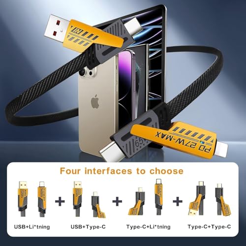 Image of 4-in-1 Fast Charging Cable 65W, Multi USB Cable with Type C, Lightning & USB A Ports, Thunderbolt Support, Universal Charger for iPhone, Android, Tablets & Laptops (Yellow)
