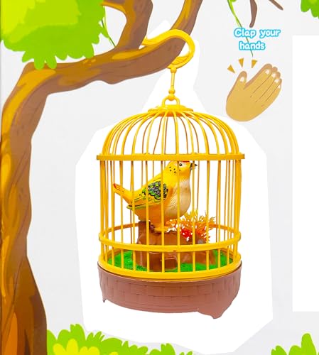 Image of VGRASSP Sound Activated Chirping Bird in Hanging Cage - Beautiful Pinjra Bird Toy for Kids with LED Light- Clap to See The Moving Beak and Flapping Wings - Color and Design As Per Stock (Design 1)