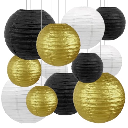 SIPRKAICT Paper Lanterns Party Decorations,12pcs Gold Black White Hanging Paper Lantern for for Wedding Graduation Anniversary Birthday Party Decorations