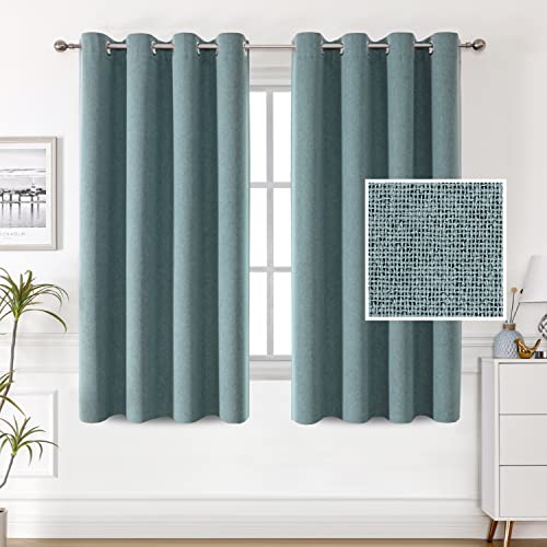 H.VERSAILTEX 100% Blackout Linen Curtains Thermal Curtains for Living Room Burlap Curtains with Double Face Linen Grommet Soundproof Bedroom Curtains 52 x 63 Inch, 2 Panels - Heather Stone Blue