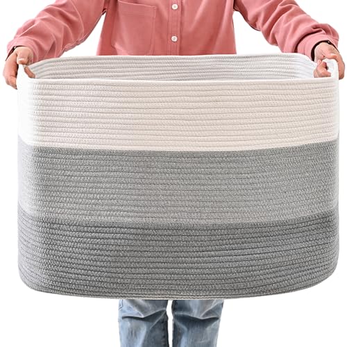 ICERZCZ Extra Large Blanket Basket Living Room, Rectangle Storage Basket, Large Woven Baskets for Storage, Cotton Rope Basket for Toys, Clothes, Gradient Grey - 25”x16”x16” (105L)
