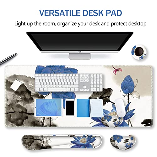 Image of ARTSO Extended Gaming Mouse Pad Set, Keyboard Wrist Rest Support Pad + Wrist Cushion + XXL Large Mouse Pad + Coaster, Stitched Edge, Non-Slip, Memory Foam Desk Mat, Blue Lotus Ink Painting