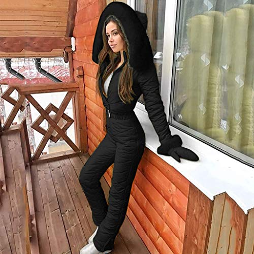 One-Piece Ski Suit Womens Winter Snow Jumpsuits Waterproof Snowsuit with Belts Gloves Set of Three & Faux Fur Hood3