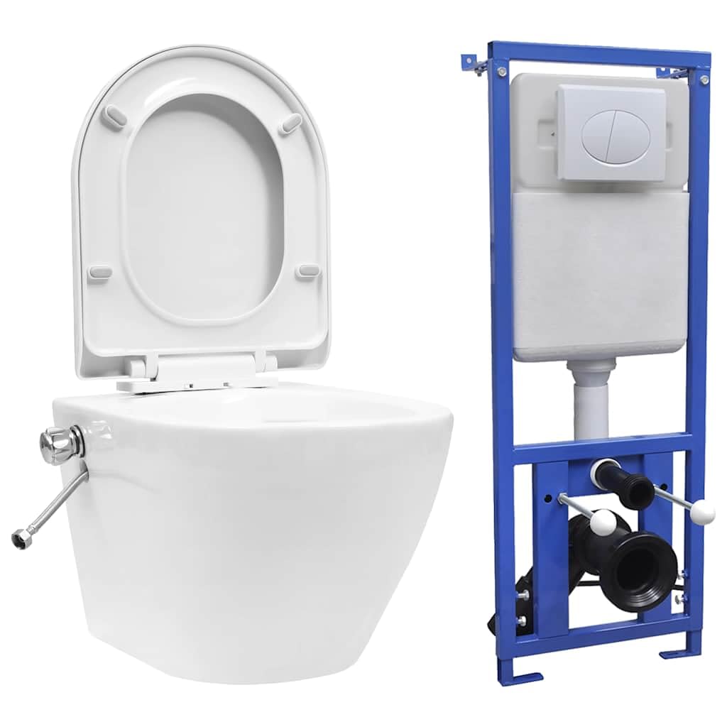 Inodoro de pared sin borde con cisterna oculta empotrable, cerámica blanca, asiento y tapa de cierre suave, para baño e invitados