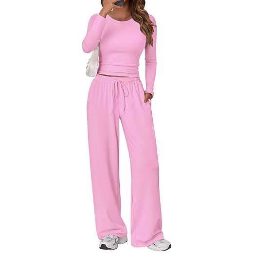 Trendy Queen Women's 2 Piece Matching Lounge Set Long Sleeve Slightly Crop Top Wide Leg Pants Casual Sweatsuit