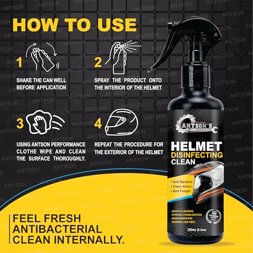 Image of Antson Helmet Cleaner Spray 250 ML, Helmet Interior Cleaner, Anti-Bacterial Spray for Helmet, Visor Cleaner, Anti-Bacterial Formula Protects Hair Loss and fungal infections (250 ml)