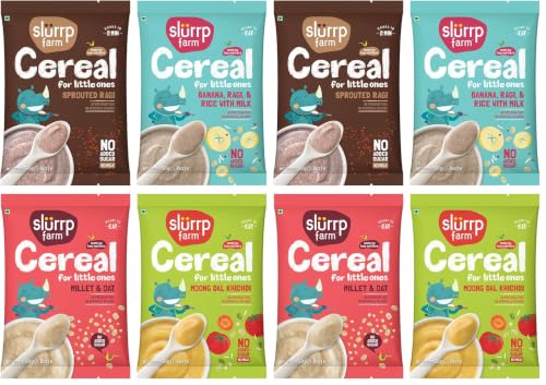 Image of Slurrp Farm No Added Sugar No Salt Cereal Starter Combo | Made with Ragi, Oats, Jowar, Real Fruits, Vegetables, Dals | Healthy Food for Kids | Easy to cook | 50 g*4 (Pack of 2)