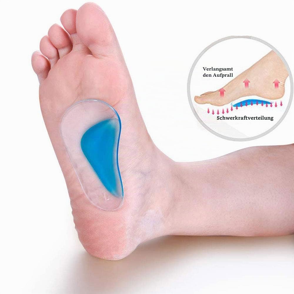PEDIMEND Fußgewölbe-Stützkissen für flache Füße, lindert Schmerzen, Plantarfasziitis, Gel-Einlagen, lindert Plantarfasziitis, reduziert Stress und Fußschmerzen, Unisex, Fußpflege (transparent & blau)