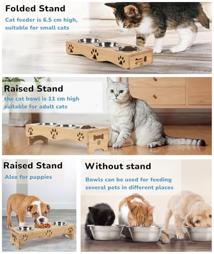 WPAJIRZO Katzennapf erhöht 3er Set - Edelstahl-Näpfe für Wasser & Futter mit Höhenverstellbarem Holzständer - Ergonomische Futterstation für Katzen & Welpen