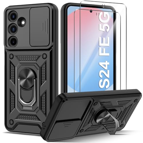 Guisessy Funda para Samsung Galaxy S24 FE 5G Armor Carcasa Cubierta de cámara Deslizante Proteger con 2 Pack Cristal Templado Protector, con 360 Anillo Soporte PC y Silicona TPU Case, Negro