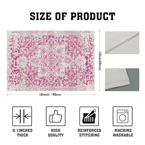 Image of Gray Hot Pink Boho Placemats Set of 4 Ethnic Bohemian Carpet Place Mats Washable Kitchen Dining Vintage Grey Geography Floral Linen Table Mats Stain Heat-Resistant for Home Party Indoor 12x18 in