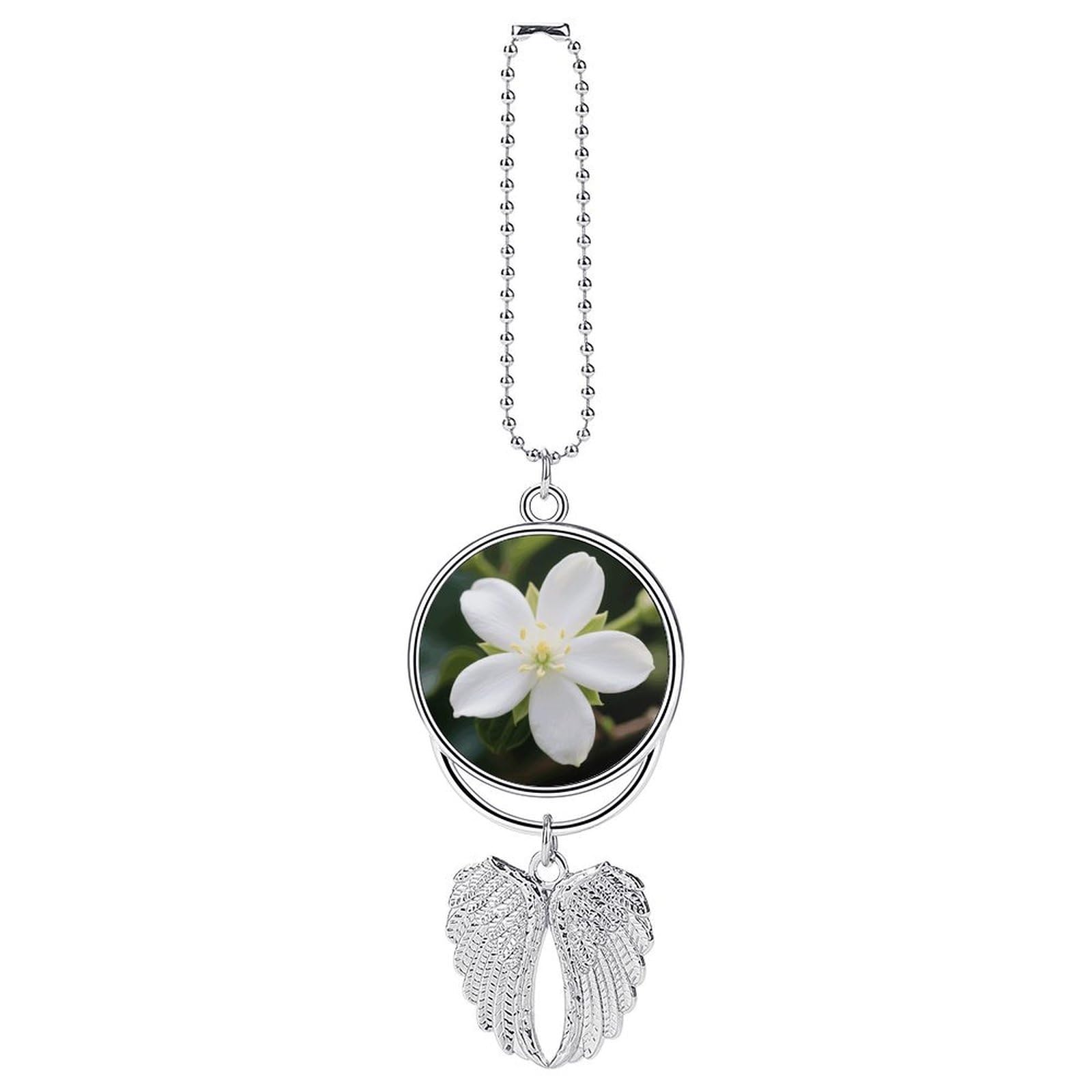 White Jasmine Car Rear View Mirror Pendant Silver Angel Wings Rearview Mirror Hanging Accessories Cute Car Hanging Ornament Personalized Cars Rearview Mirrors Charms for Women Men