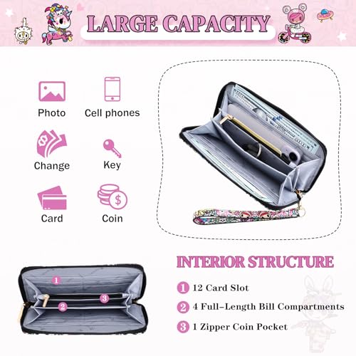 Tokidoki Wallet Pink Unicorno Clutch Wallet Credit Card Holder Large Capacity Travel Purse Wristlet for Women Girl (WA-No skulls girl)3