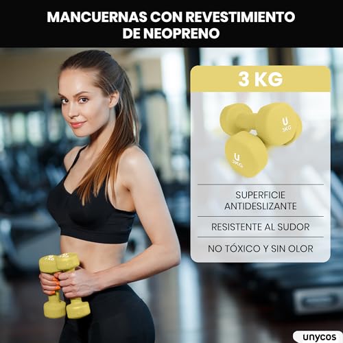 unycos - Par de Mancuernas Antideslizantes de Neopreno, Pesas【3 kg】Ergonómicas con Diseño Redondo y Anti-Rodadura, Resistentes, Ideales para Entrenamiento de Fuerza y Gimnasio en Casa (Amarillo) - imagen 2