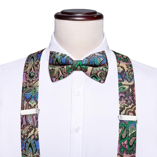 Image of Dubulle Suspender and Bow Tie for Men Paisley Solid Mens Suit Braces Pretied Bowtie and Handkerchief Cufflinks Formal Wedding