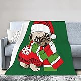ZUNPNG Lustiger Hunde-Mops-Weihnachtsmütze, Fleece-Überwurf, leichte Flanell-Decke für Couch, Bett, Wohnzimmer, 127 x 101 cm