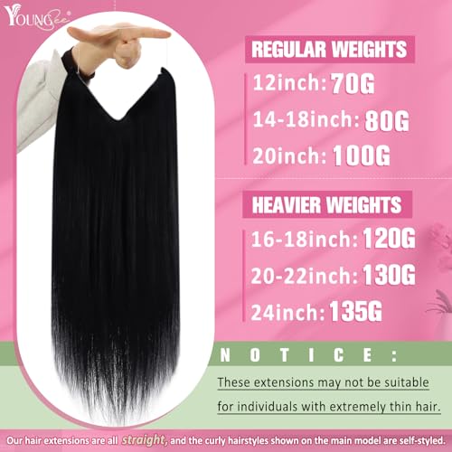 Image of YoungSee Wire Hair Extensions Real Human Hair Jet Black Hair Extensions Wire Black Fish Line Human Hair Extension Long Straight Hair 20In 105G