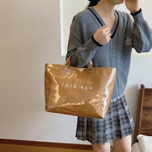 Image of PVC Tote Bag for Women Solid Color Large Letter Print Tote Bag Kraft Paper Clear Plastic Handbag Top Handle Bag(Brown)