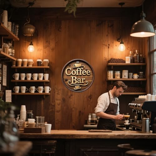 Image of Wooden Coffee Bar Sign Decor - Vintage Wall Decor & Coffees Station Accessories for Kitchen, Home, Office, Cafe - Housewarming Gift (Coffee Bar Sign)