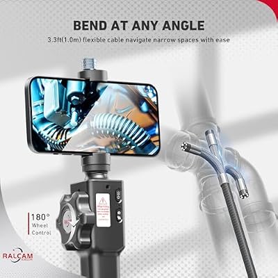 Ralcam Two-Way Articulating Borescope for iPhone&Android, Endoscope Camera with Light, HD Inspection Camera with Battery for Automotive, Engine, Pipe 0.33in Lens-3.3FT Flexible Cable