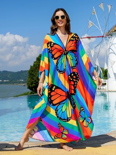 Image of IMAGEKOPE Women's Plus Size Animal Print V-Neck Batwing Kaftan Beach Dress Bathing Suit Cover-Up Loungewear