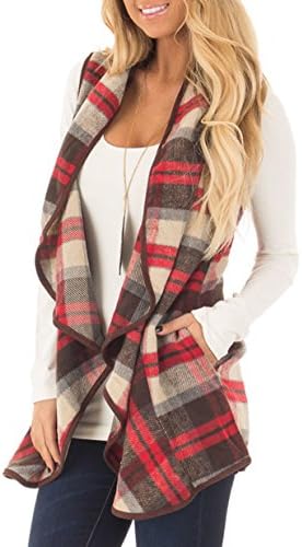 Women's Turn-Down Collar Casual Slash Hem Plaid Sleeveless Open Front Cardigan Vest Red XXL