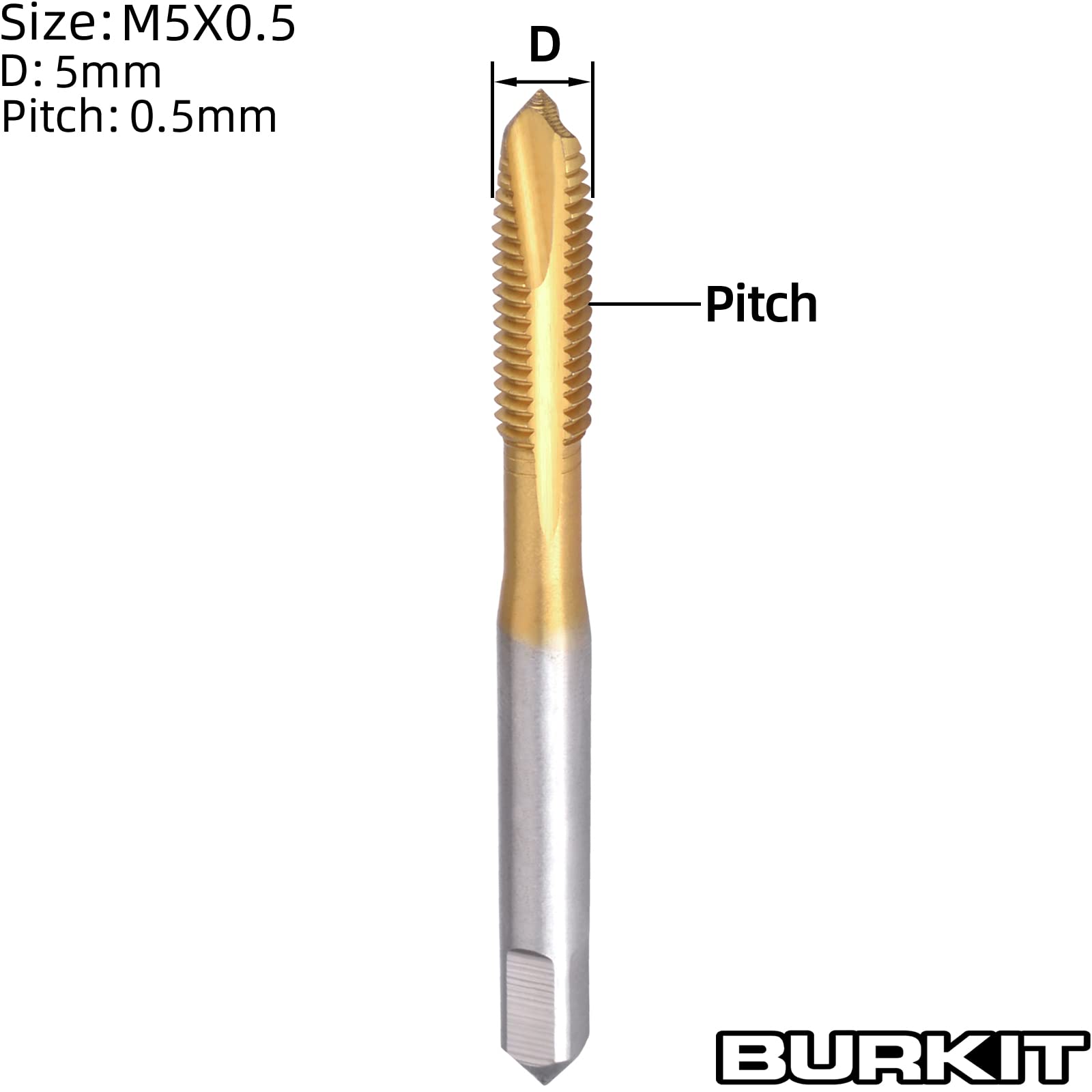 Burkit Maschio a spirale M5 x 0,5, HSS, rivestimento in titanio a spirale, filettatura M5 x 0,5