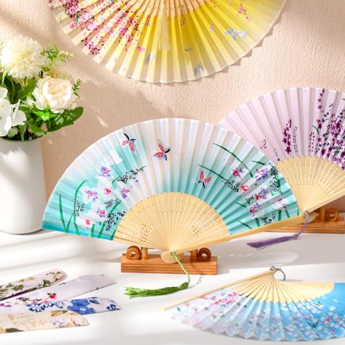 image for Zonon 4 Pack Handheld Floral Folding Fans Hand Held Silk Bamboo Fans w