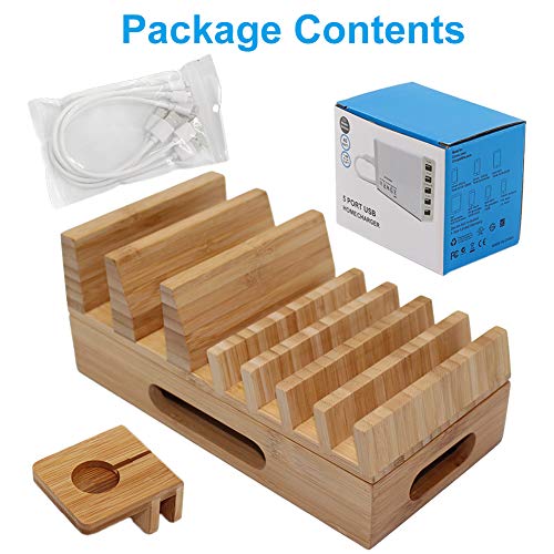 Pezin & Hulin Bamboo Charging Station Holder with 5 Port USB Charger, Watch Stand, 5 x Charge Cable, Wood Docking Stand Electronic Organizer for Multiple Devices, Phones, Tablets, Laptop and More - Thumbnail 6