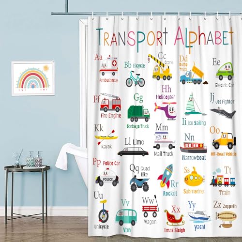Image of Vehicles Alphabet Shower Curtain for Kids, Kid Excavator Tractor Machinery Trucks, Construction Vehicle Shower Curtain for Boys