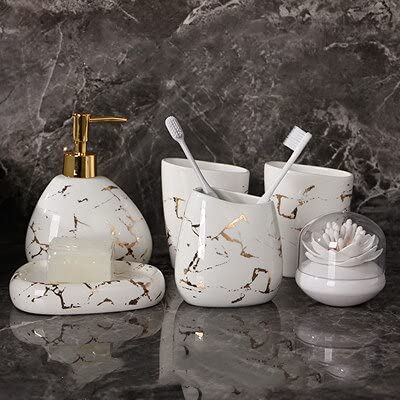 Ensemble d'accessoires de salle de bain japonais en céramique avec plateau en mélamine et boîte à cotons-tiges Motif marbre Doré cassé