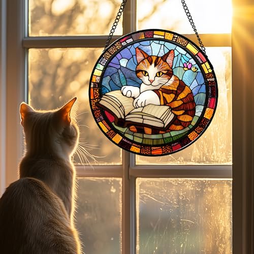 Image of DASTOLL Stained Glass Window Hanging Little Cat Reading Large 15 inch - Suncatcher Door Garden Kitchen Sunroom Sun Catcher Home Decor Birthday for Lost Pets Mom Grandma Men Woman Friend