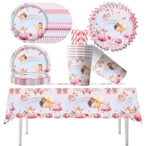 61 Pcs Fairy Party Tableware Supplies,Tea Party Tableware Set,Flower Fairy Girls Birthday Theme Tableware Set,Flower Paper Plates,Cups,Paper Napkins,and Tablecloth,for Kids Girls Baby Shower