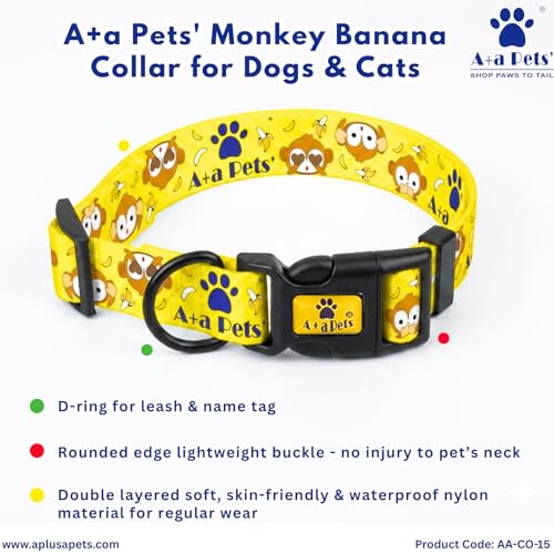 Image of A+a Pets' Monkey Banana' Collar for Dogs & Cats | Waterproof Adjustable for All Breeds (Yellow, L)