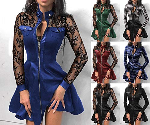 Onsoyours-Partykleider-Damen-Lederkleid-Mode-V-Ausschnitt-Langarm-Spitzen-Patchwork-Minikleid-Mit-Reissverschluss-Sexy-Bodycon-Cocktailkleid-Enges-Freizeitkleid-Hahnentritt-Kleid