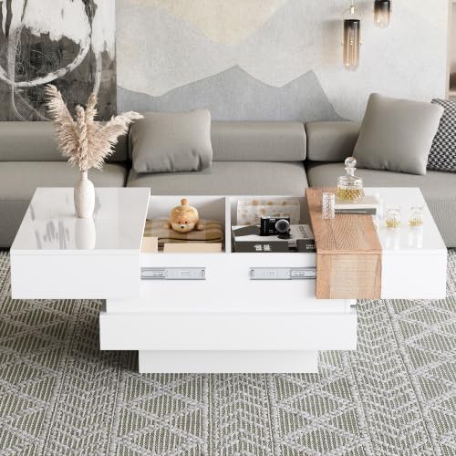 Merax Table basse brillante avec plateau extensible et espace de rangement caché - 70 x 70 x 39 cm - Table basse carrée blanche + noyer - Table d'appoint à...
