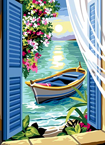 Canevas seg Vue sur la Barque des Volets Bleus souvenir de vacances nostalgie en broderie