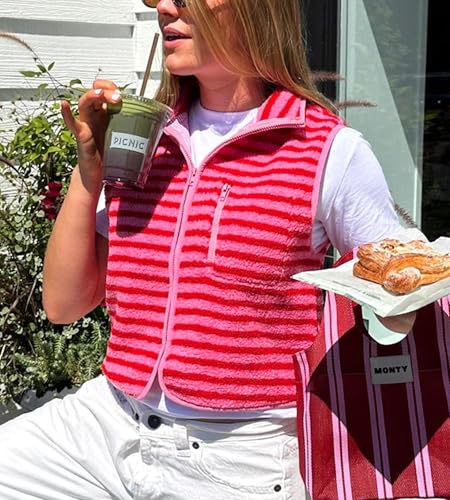 Colorful world Striped Fleece Vest Women High Neck Zip Up Sleeveless Teddy Sherpa Vest with Chest Pocket3