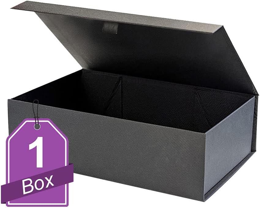 GIFTIMA Black Hard Gift Box With Magnetic Closure Lid Pack Of 1 10.5" x7” x3” Rectangle Favor Boxes With Black Embossed Finish (1 Pack)
