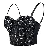 ELLACCI Women's Natural Reigning Lace Rhinestone Bustier Crop Top Sexy Mesh Corset Top Bra Large Black