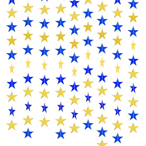 Image of Glitter Star Garland Banner Decor 130 Feet Gold Blue Star Garland Hanging Bunting Banner Backdrop for Graduation Wedding Birthday Holiday Party