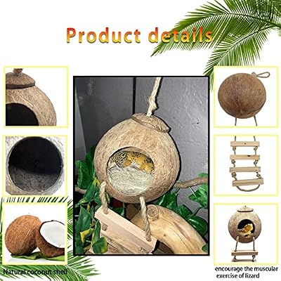 kathson Leopard Gecko Coconut Husk Hut Reptile Habitat Accessories Hideout Hole Climbing Ladder Bendable Hanging Plants Sleeping Hiding Breeding Apply to Amphibians and Small Animals