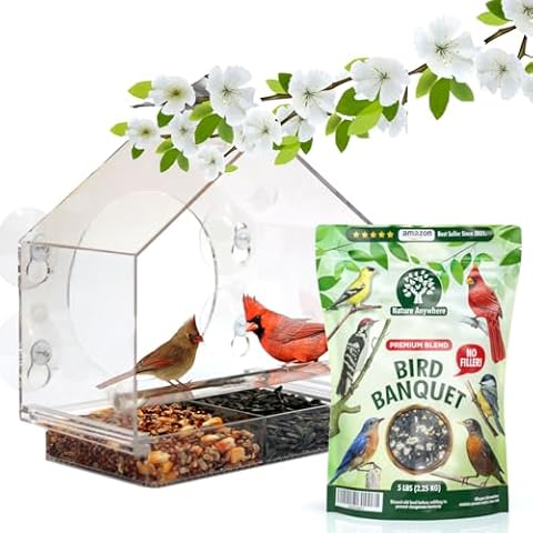 Birds-I-View Window Bird Feeder by Nature Anywhere with a 5Lbs Bag of Bird Banquet Premium Bird Seed Cover