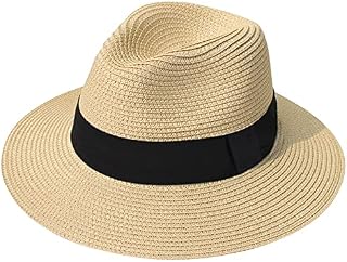 Voqeen Women Wide Brim Straw Panama Hat Travel Foldable Packable Hat Adjustable Belt Buckle Fedora Beach Sun Hat UPF50+